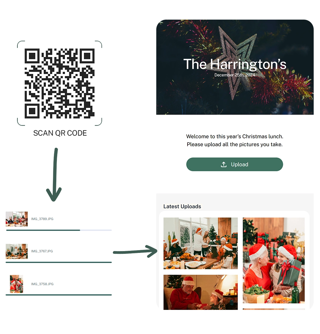 A festive holiday party scene with a sample PicturesQR code