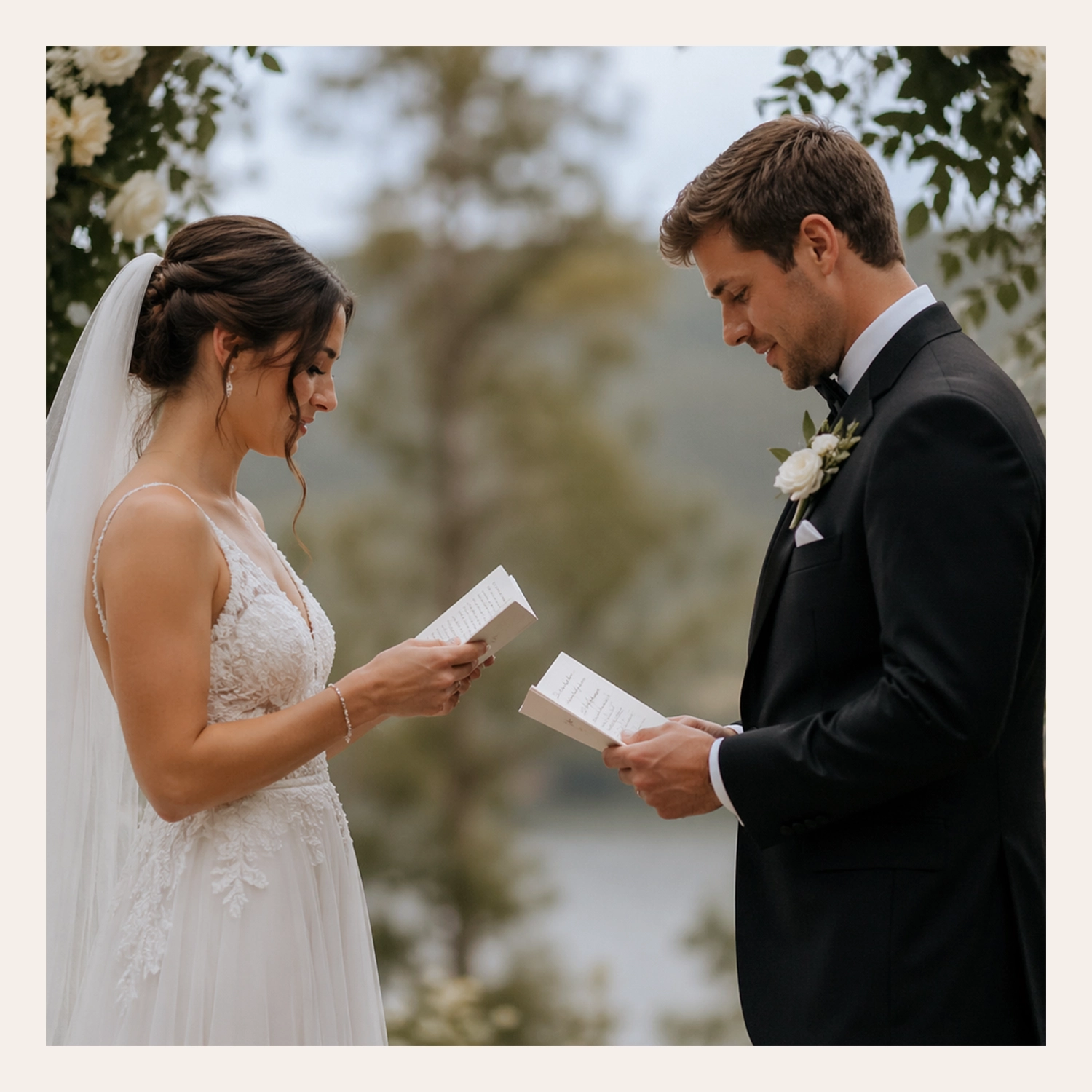 Couple at their wedding ceremony reading their vows.